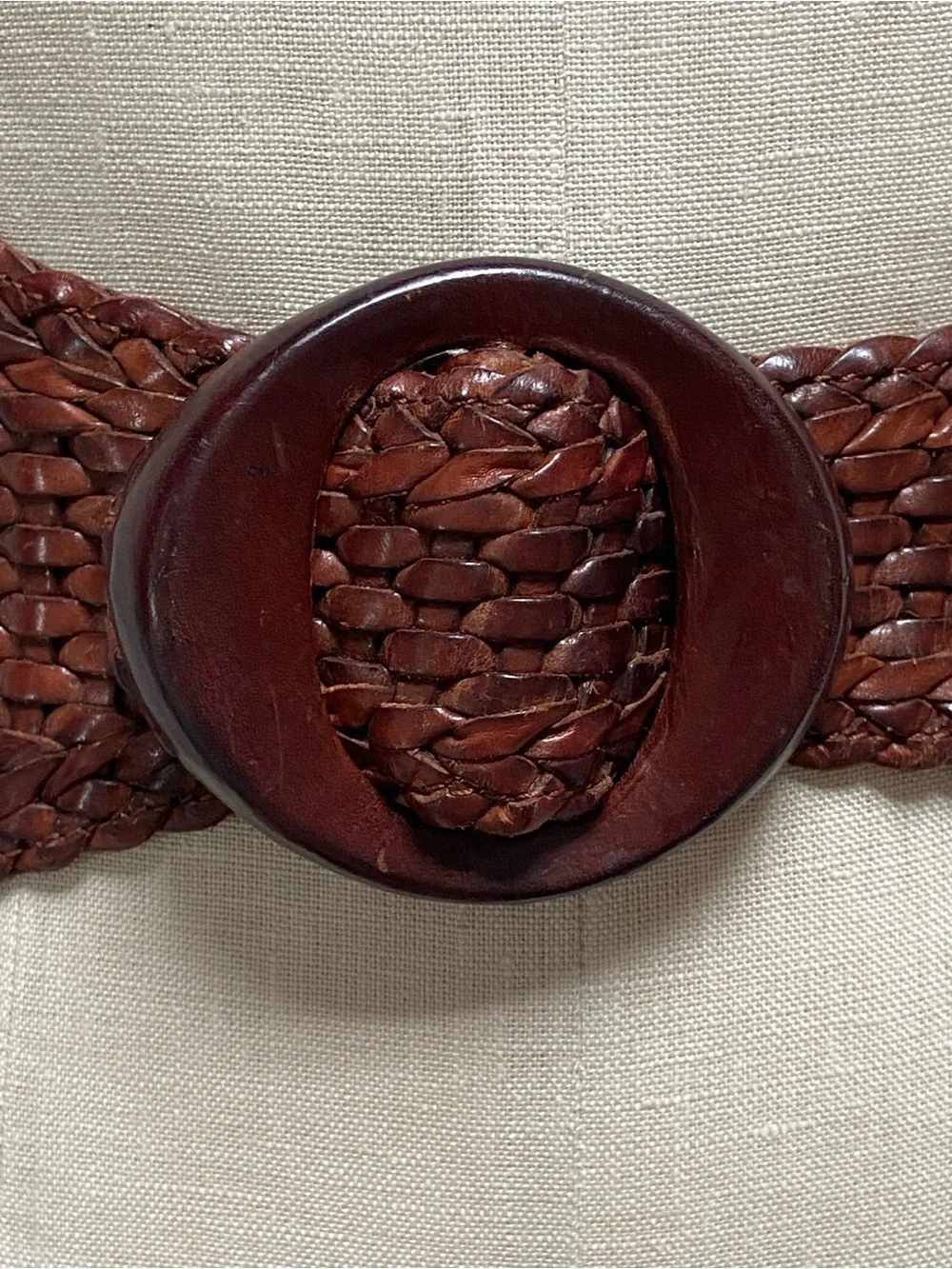 Vintage Woven Leather Circle-Buckle Belt in Dark Brown